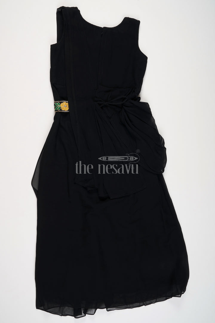 The Nesavu Girls Party Gown Black Georgette Girls Party Gown with Multicolor Floral Embroidered Jacket for Weddings and Celebrations Nesavu Nesavu Black Georgette Girls Party Gown Floral Embroidered Jacket Ideal Weddings Holiday Celebrations