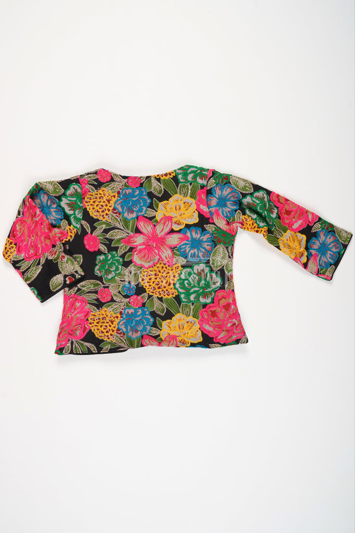 The Nesavu Girls Party Gown Black Georgette Girls Party Gown with Multicolor Floral Embroidered Jacket for Weddings and Celebrations Nesavu Nesavu Black Georgette Girls Party Gown Floral Embroidered Jacket Ideal Weddings Holiday Celebrations