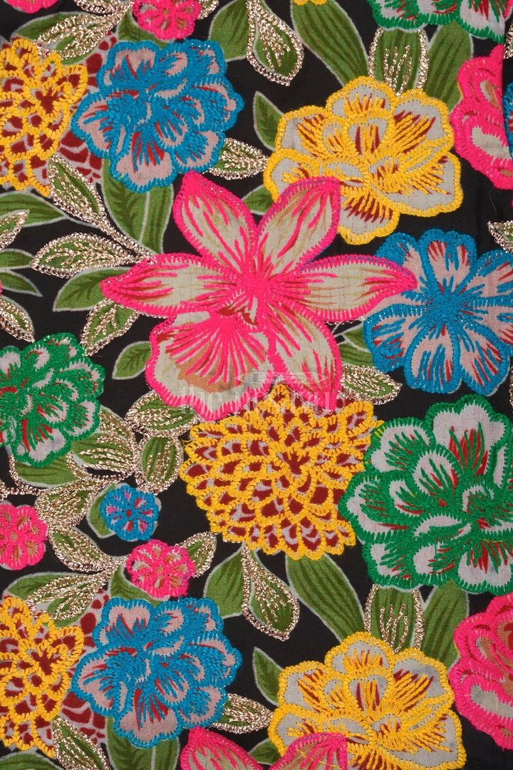 The Nesavu Girls Party Gown Black Georgette Girls Party Gown with Multicolor Floral Embroidered Jacket for Weddings and Celebrations Nesavu Nesavu Black Georgette Girls Party Gown Floral Embroidered Jacket Ideal Weddings Holiday Celebrations