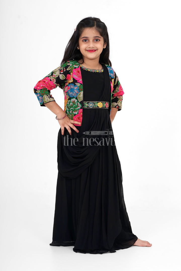 The Nesavu Girls Party Gown Black Georgette Girls Party Gown with Multicolor Floral Embroidered Jacket for Weddings and Celebrations Nesavu Nesavu Black Georgette Girls Party Gown Floral Embroidered Jacket Ideal Weddings Holiday Celebrations