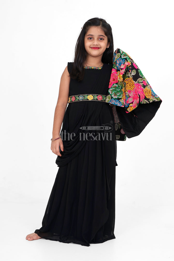 The Nesavu Girls Party Gown Black Georgette Girls Party Gown with Multicolor Floral Embroidered Jacket for Weddings and Celebrations Nesavu Nesavu Black Georgette Girls Party Gown Floral Embroidered Jacket Ideal Weddings Holiday Celebrations