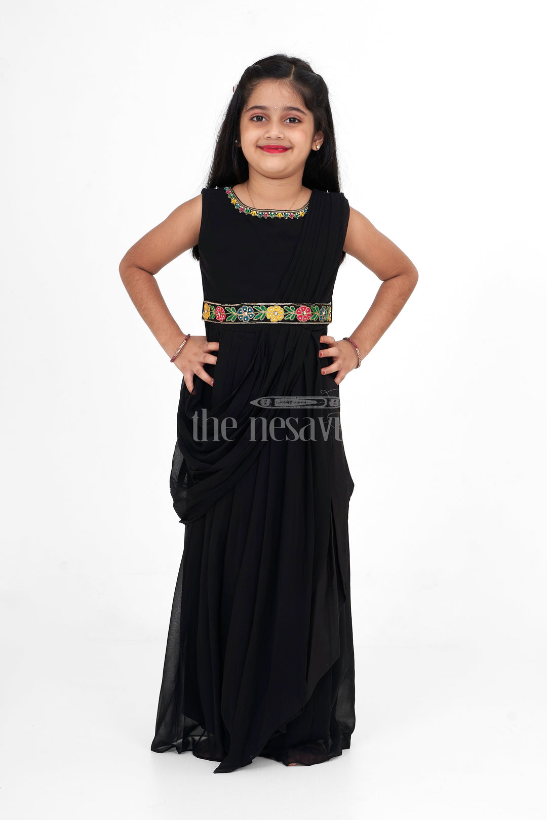 The Nesavu Girls Party Gown Black Georgette Girls Party Gown with Multicolor Floral Embroidered Jacket for Weddings and Celebrations Nesavu Nesavu Black Georgette Girls Party Gown Floral Embroidered Jacket Ideal Weddings Holiday Celebrations