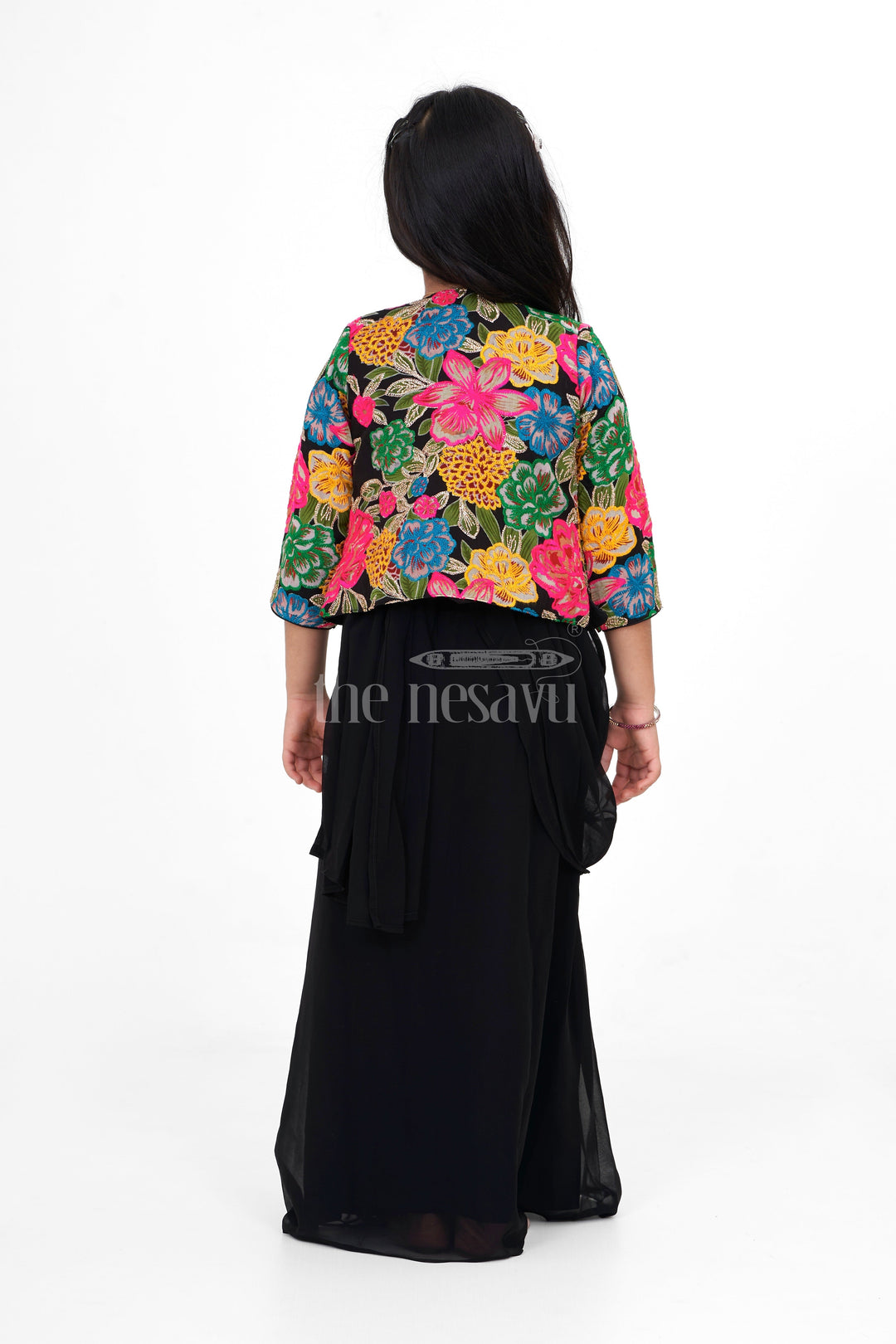 The Nesavu Girls Party Gown Black Georgette Girls Party Gown with Multicolor Floral Embroidered Jacket for Weddings and Celebrations Nesavu Nesavu Black Georgette Girls Party Gown Floral Embroidered Jacket Ideal Weddings Holiday Celebrations