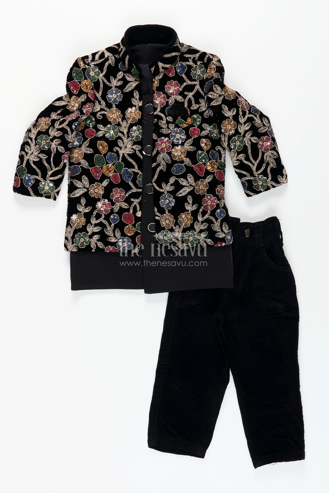 The Nesavu Boys Sherwani Black velvet floral embroidered boys sherwani with matching pants Nesavu Nesavu black velvet boys sherwani set with floral embroidery