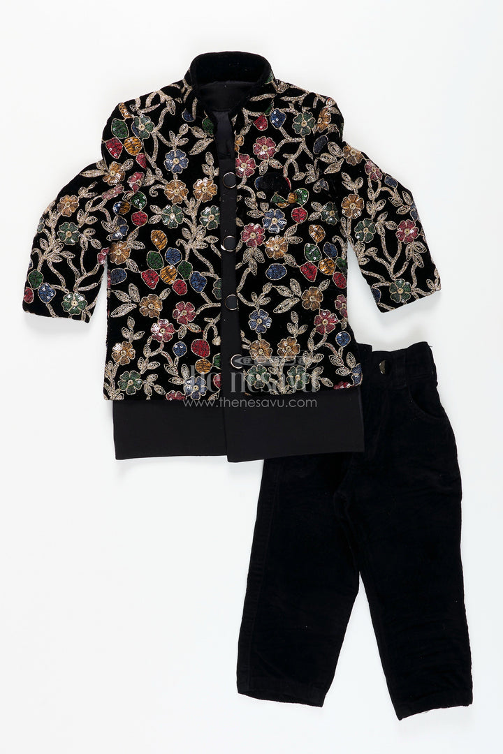 The Nesavu Boys Sherwani Black velvet floral embroidered boys sherwani with matching pants Nesavu Nesavu black velvet boys sherwani set with floral embroidery