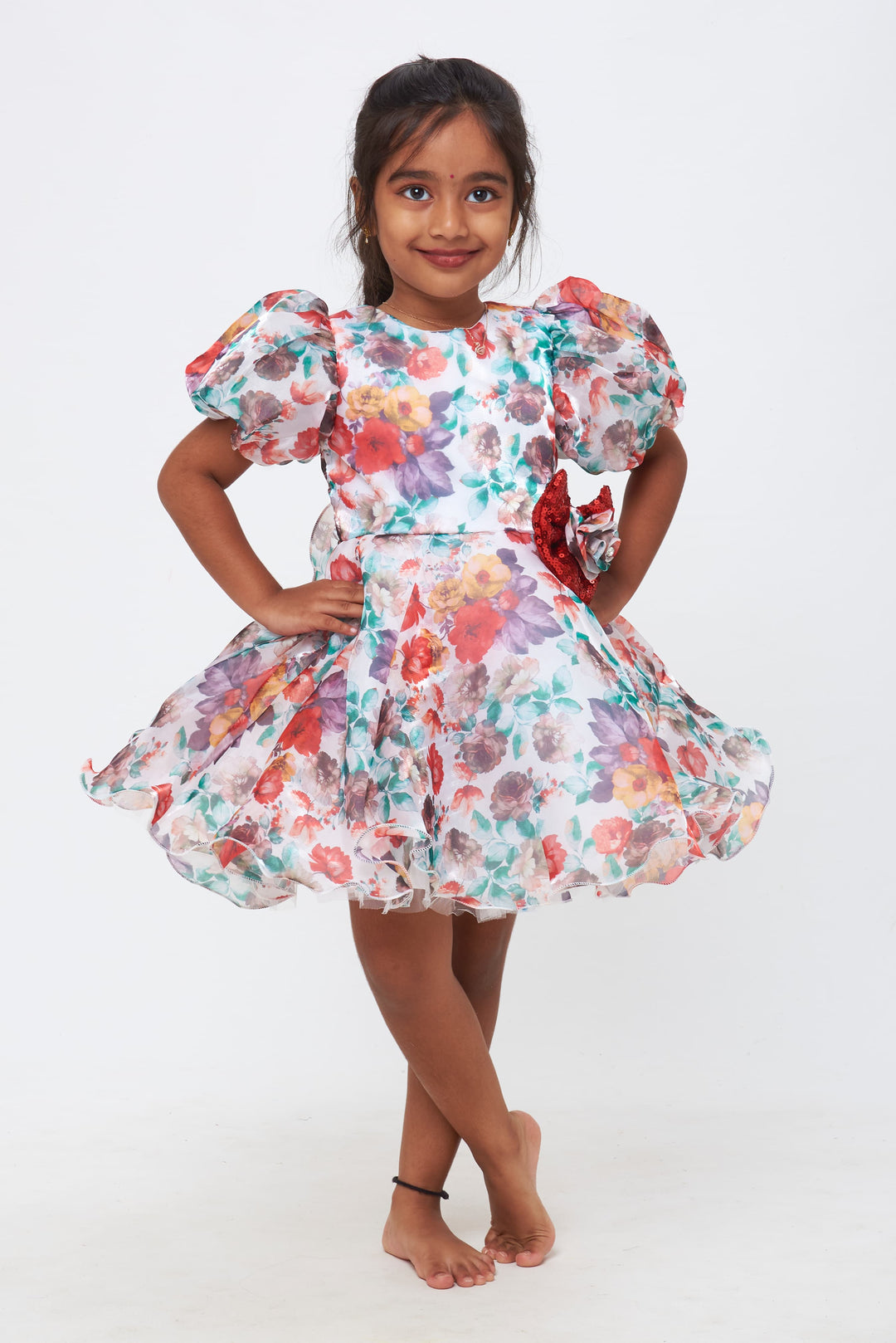 The Nesavu Girls Fancy Party Frock Blooming Beauty: Girls Floral Dress with Sparkling Red Bow Accent Nesavu 16 (1Y) / multicolor / Organza Printed PF156A-16 Dazzling Designs for Young Fashionistas | Party Frocks Collection | The Nesavu