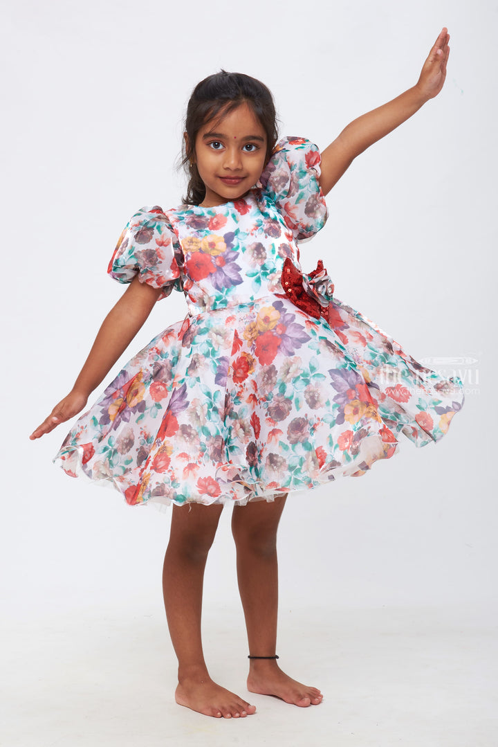 The Nesavu Girls Fancy Party Frock Blooming Beauty: Girls Floral Dress with Sparkling Red Bow Accent Nesavu Dazzling Designs for Young Fashionistas | Party Frocks Collection | The Nesavu