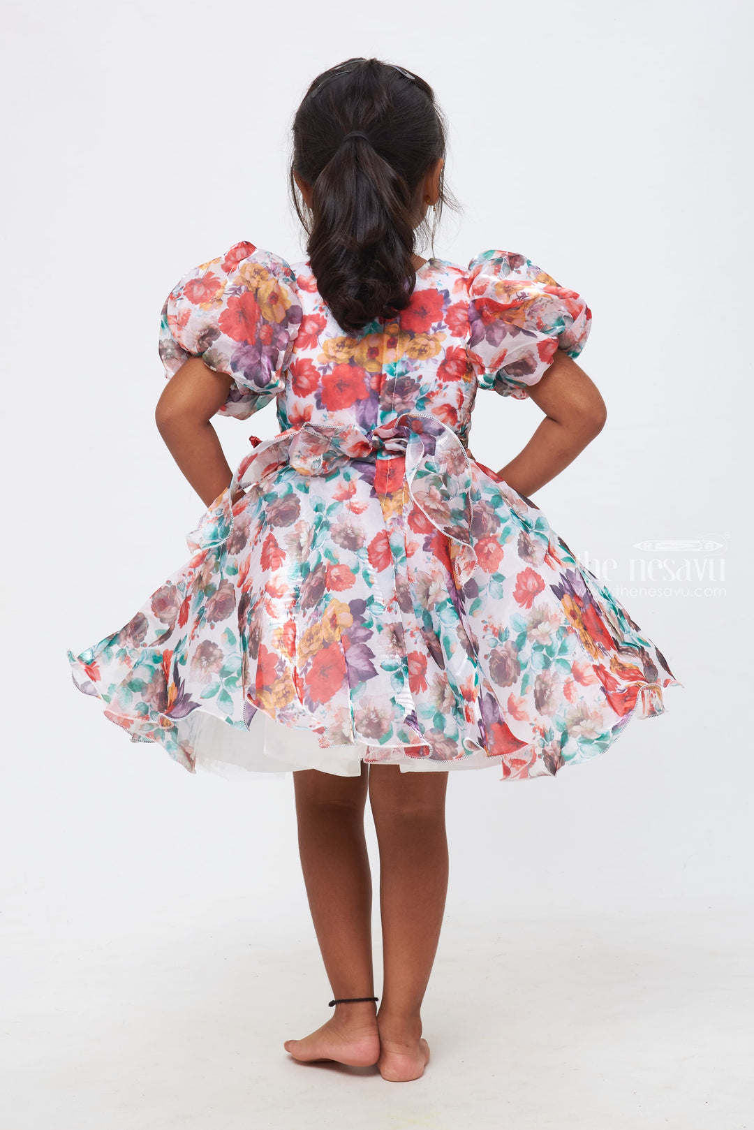 The Nesavu Girls Fancy Party Frock Blooming Beauty: Girls Floral Dress with Sparkling Red Bow Accent Nesavu Dazzling Designs for Young Fashionistas | Party Frocks Collection | The Nesavu