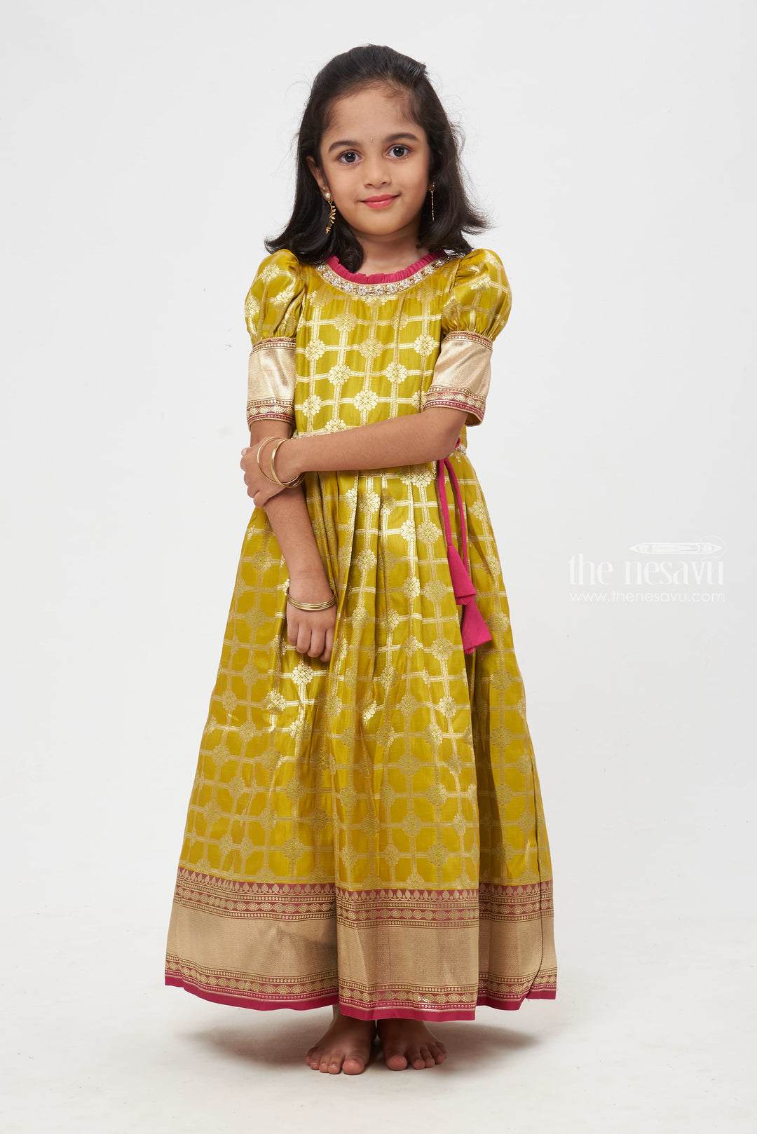 The Nesavu Silk Gown Blooming Chic: Green & Pink Zari Checkered Floral Pleated Jacquard Silk Gown for Girls Nesavu 16 (1Y) / Green / Jacquard GA153B-16 Kid’s Stylish Anarkali Dress | Exquisite Anarkali Collections | The Nesavu
