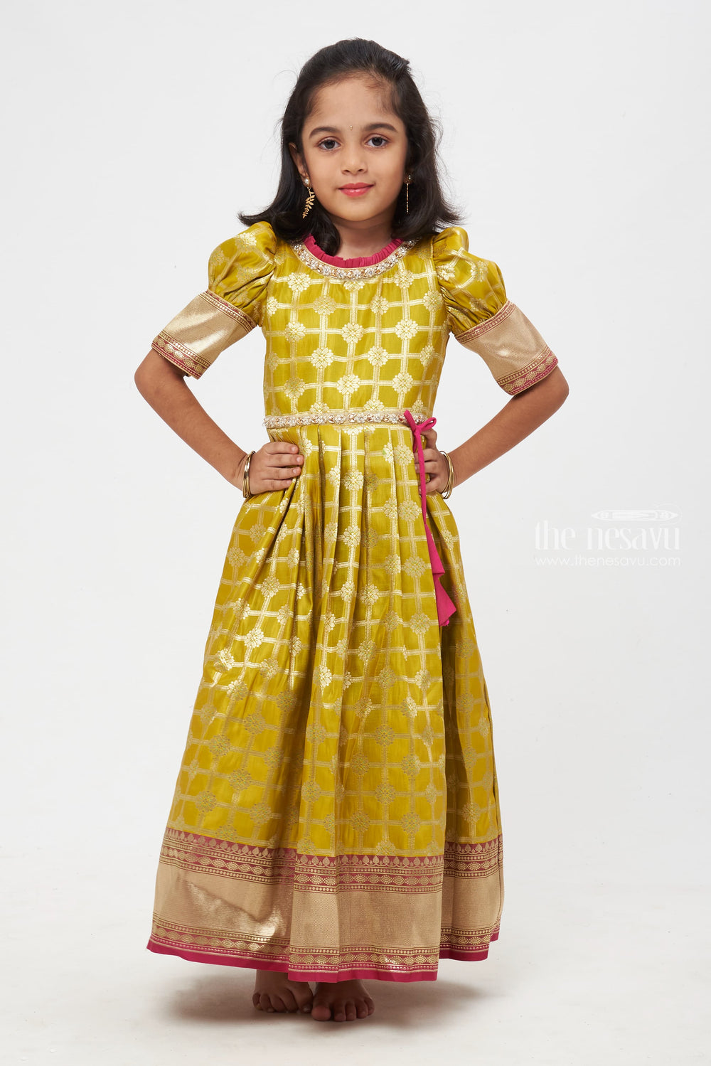 The Nesavu Silk Gown Blooming Chic: Green & Pink Zari Checkered Floral Pleated Jacquard Silk Gown for Girls Nesavu Kid’s Stylish Anarkali Dress | Exquisite Anarkali Collections | The Nesavu