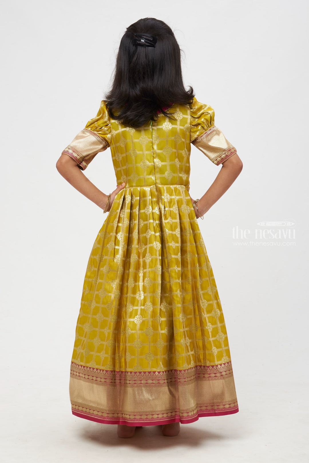 The Nesavu Silk Gown Blooming Chic: Green & Pink Zari Checkered Floral Pleated Jacquard Silk Gown for Girls Nesavu Kid’s Stylish Anarkali Dress | Exquisite Anarkali Collections | The Nesavu