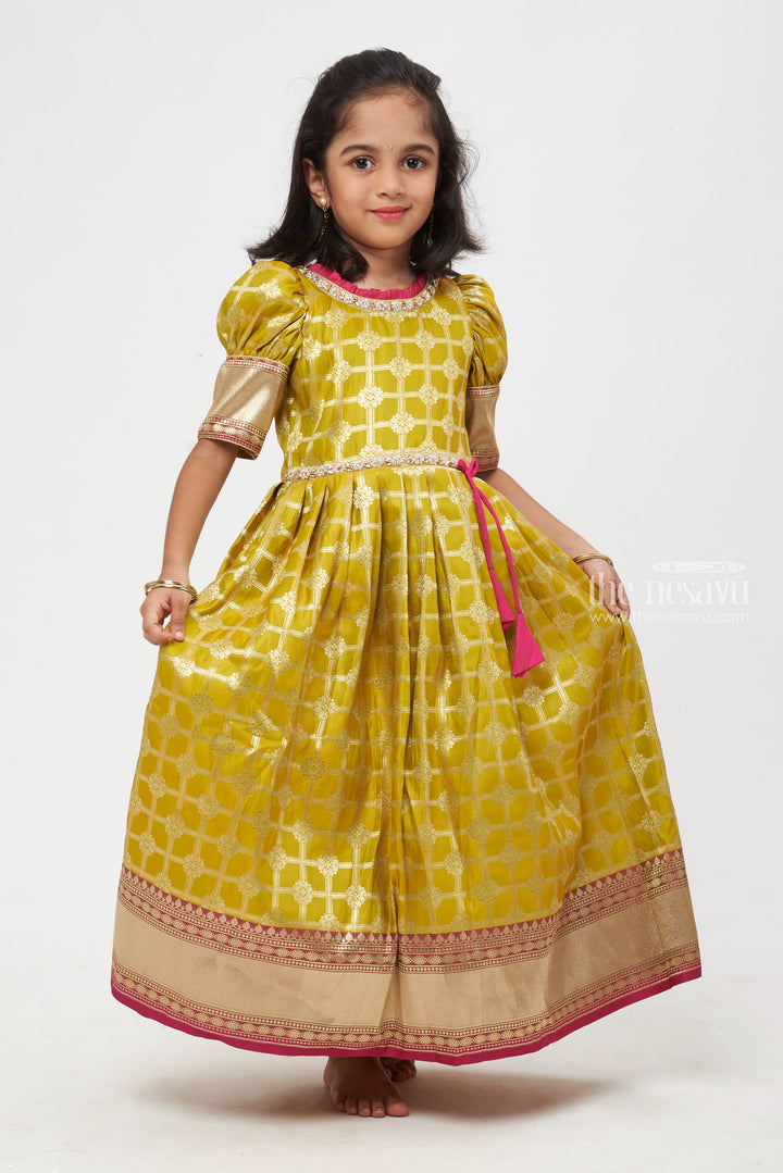 The Nesavu Silk Gown Blooming Chic: Green & Pink Zari Checkered Floral Pleated Jacquard Silk Gown for Girls Nesavu Kid’s Stylish Anarkali Dress | Exquisite Anarkali Collections | The Nesavu