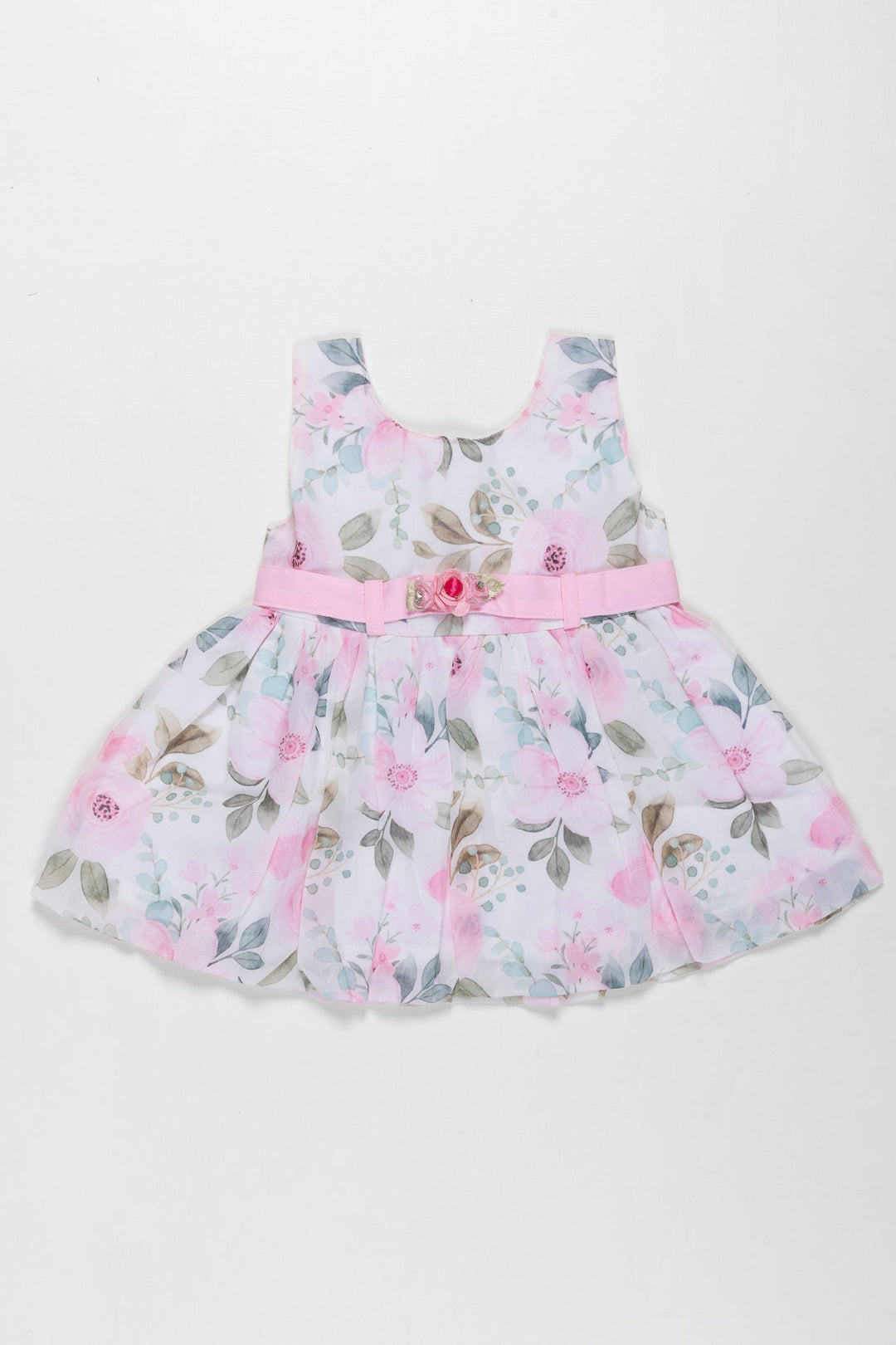 The Nesavu Baby Fancy Frock Blooming Elegance Floral Print Dress for Baby Girls - Pastel Perfection Nesavu 14 (6M) / Pink / Georgette BFJ526A-14 Infant Girls Pastel Floral Cotton Frock | Chic Baby Party Wear | The Nesavu