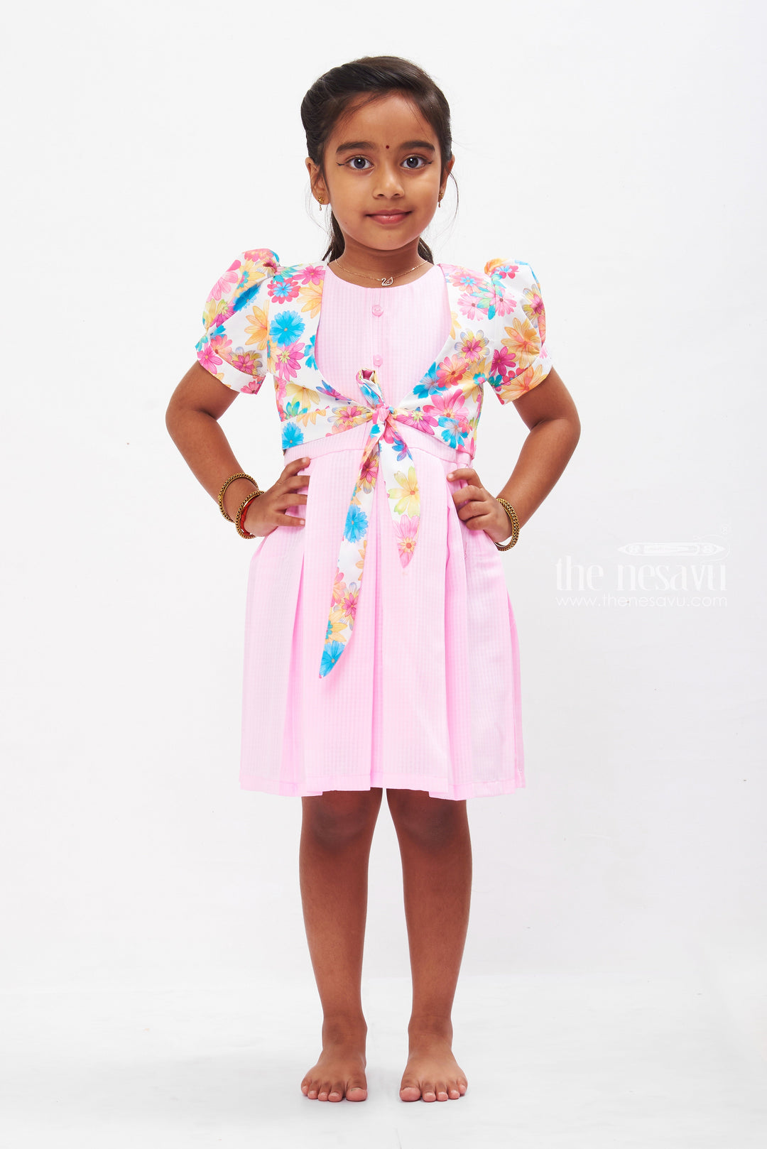 The Nesavu Girls Cotton Frock Blossom-Adorned Pink Checkered Cotton Frock with Jacket for Girls Nesavu 22 (4Y) / Pink / Cotton GFC1259A-22 Girls Pink Checkered Dress & Floral Jacket Set | Spring Cotton Outfit | The Nesavu