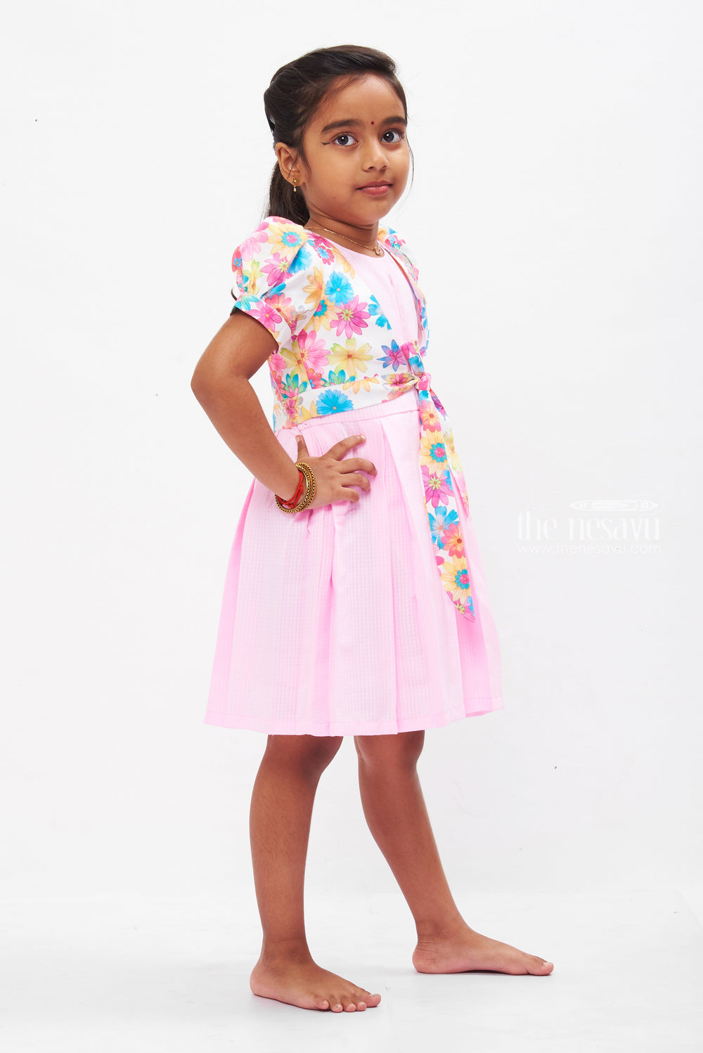 The Nesavu Girls Cotton Frock Blossom-Adorned Pink Checkered Cotton Frock with Jacket for Girls Nesavu Girls Pink Checkered Dress & Floral Jacket Set | Spring Cotton Outfit | The Nesavu