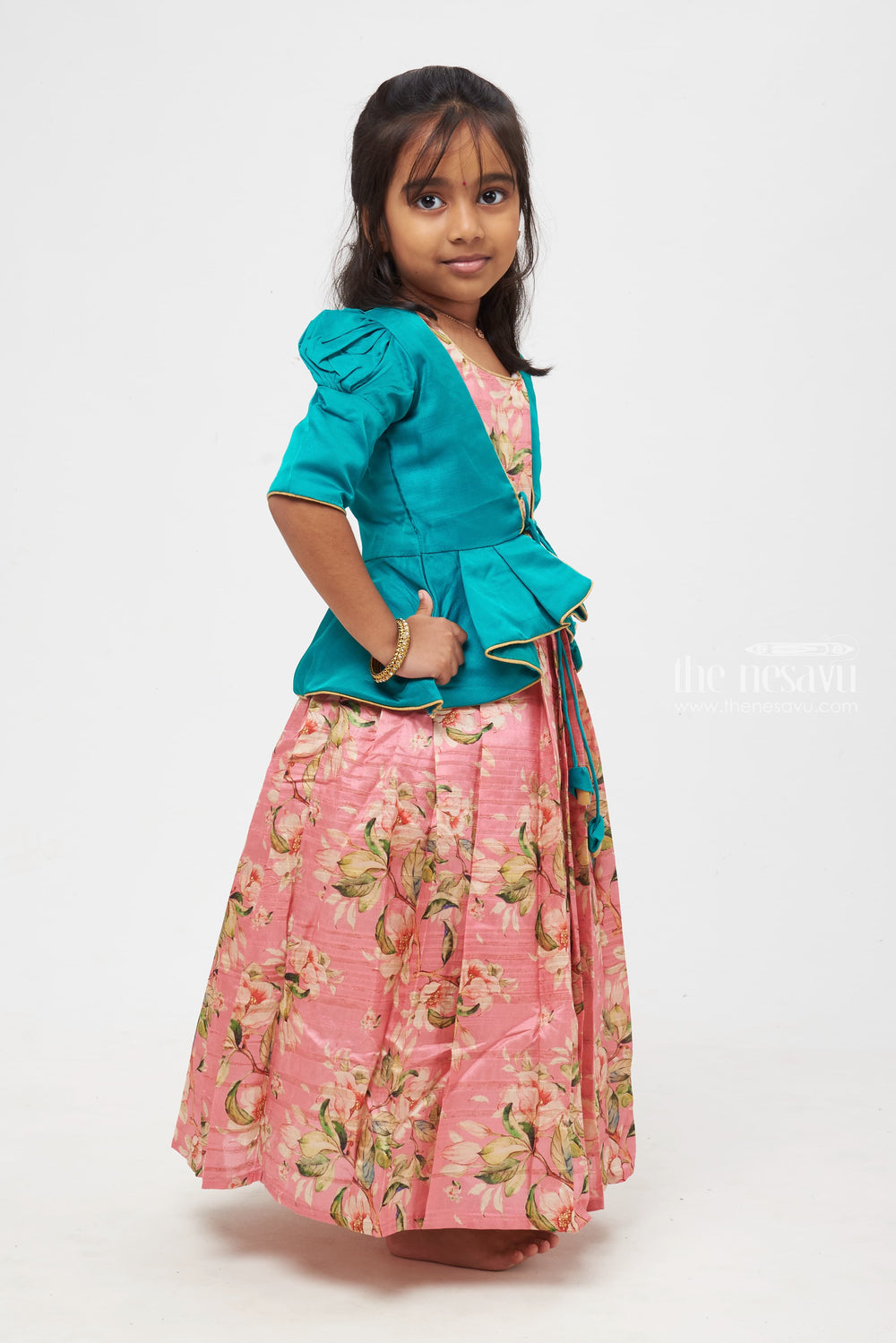 The Nesavu Girls Silk Gown Blossom Bliss: Children's Teal Peplum Jacket & Rose-Tinted Anarkali Gown Nesavu A Perfect Match: Timeless Anarkali and Stylish Overcoats | The Nesavu