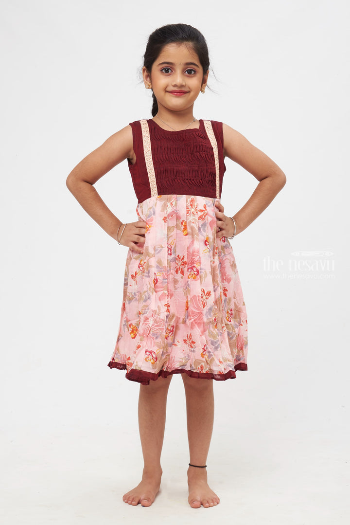 The Nesavu Girls Cotton Frock Blossom Bliss Maroon and Pink Floral Dress with Delicate Lace Nesavu 14 (6M) / Pink / Poly Crepe GFC1167B-14 Timeless Cotton Frocks for Girls | Girls Daily Wear Cotton Frocks | The Nesavu