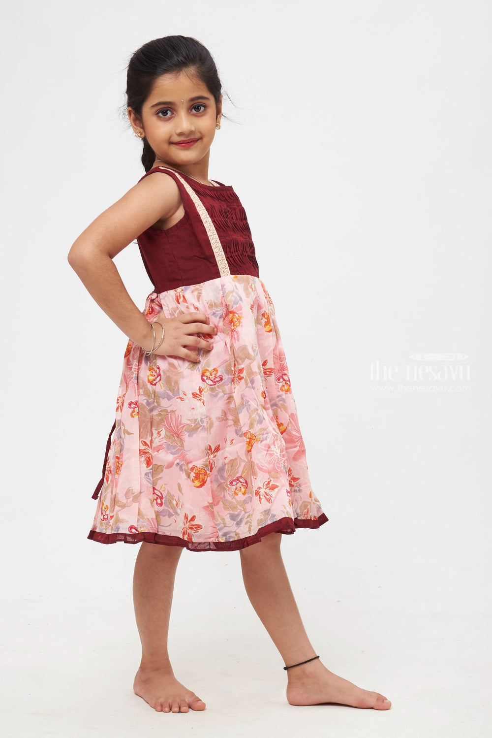 The Nesavu Girls Cotton Frock Blossom Bliss Maroon and Pink Floral Dress with Delicate Lace Nesavu Timeless Cotton Frocks for Girls | Girls Daily Wear Cotton Frocks | The Nesavu