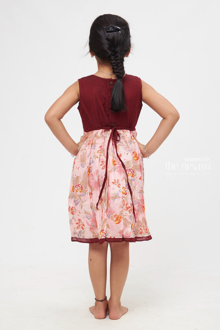 The Nesavu Girls Cotton Frock Blossom Bliss Maroon and Pink Floral Dress with Delicate Lace Nesavu Timeless Cotton Frocks for Girls | Girls Daily Wear Cotton Frocks | The Nesavu