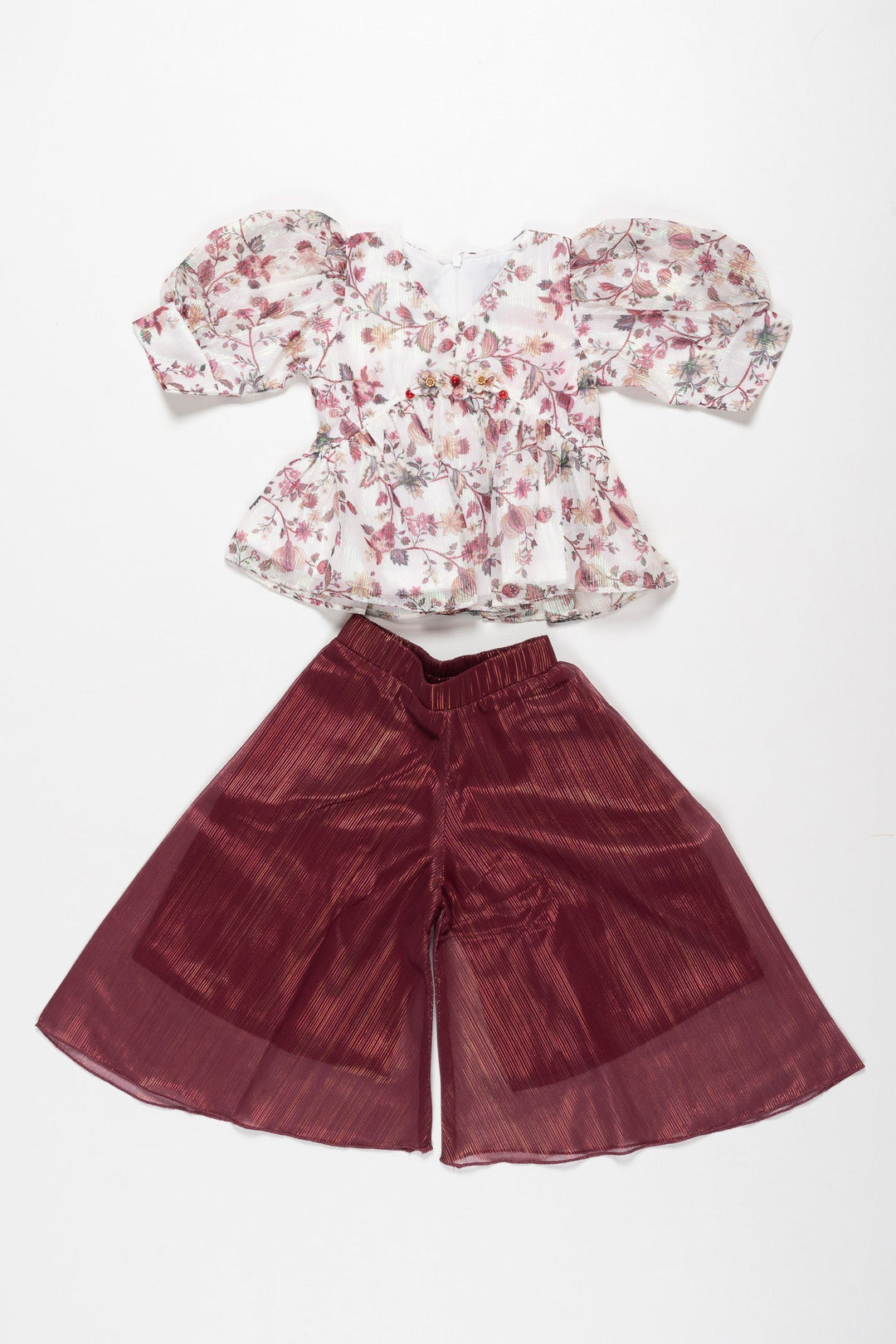 The Nesavu Girls Sharara / Plazo Set Blossom Chic: Floral Peplum Top and Textured Culotte Set for Girls Nesavu 18 (2Y) / Maroon / Georgette GPS302A-18 Girls' Floral Peplum Top & Maroon Culotte Set | Playful & Trendy | The Nesavu