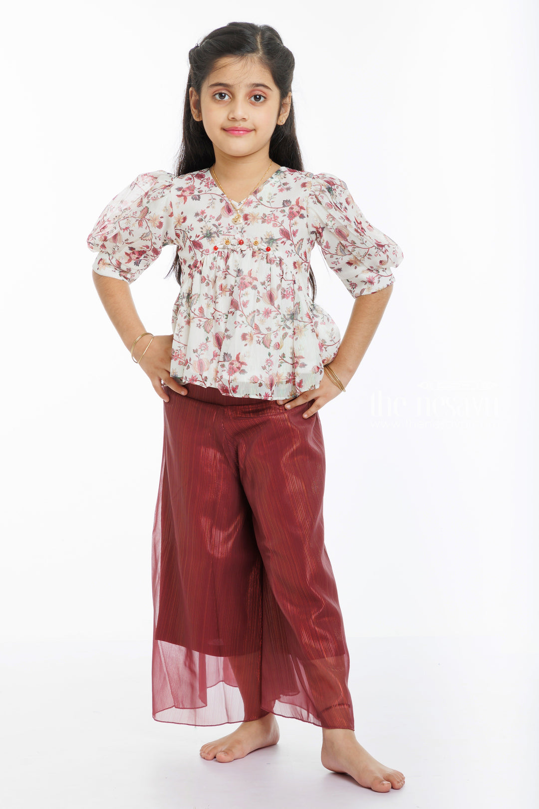 The Nesavu Girls Sharara / Plazo Set Blossom Chic: Floral Peplum Top and Textured Culotte Set for Girls Nesavu 18 (2Y) / Maroon / Georgette GPS302A-18 Girls' Floral Peplum Top & Maroon Culotte Set | Playful & Trendy | The Nesavu