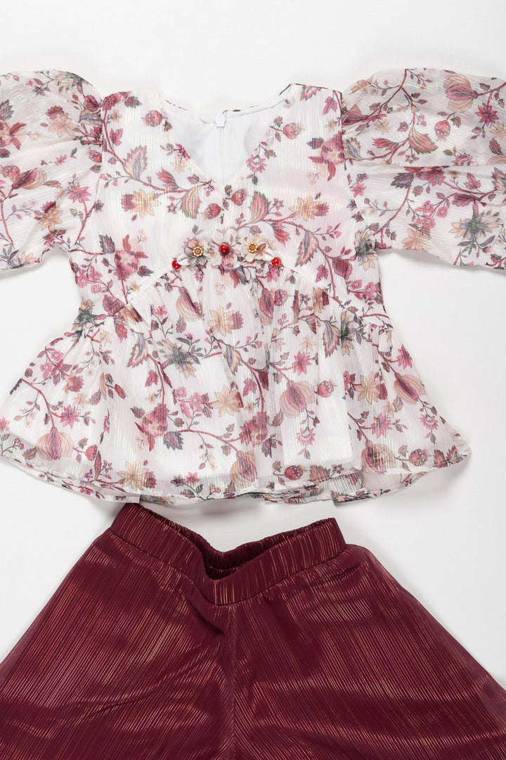 The Nesavu Girls Sharara / Plazo Set Blossom Chic: Floral Peplum Top and Textured Culotte Set for Girls Nesavu Girls' Floral Peplum Top & Maroon Culotte Set | Playful & Trendy | The Nesavu