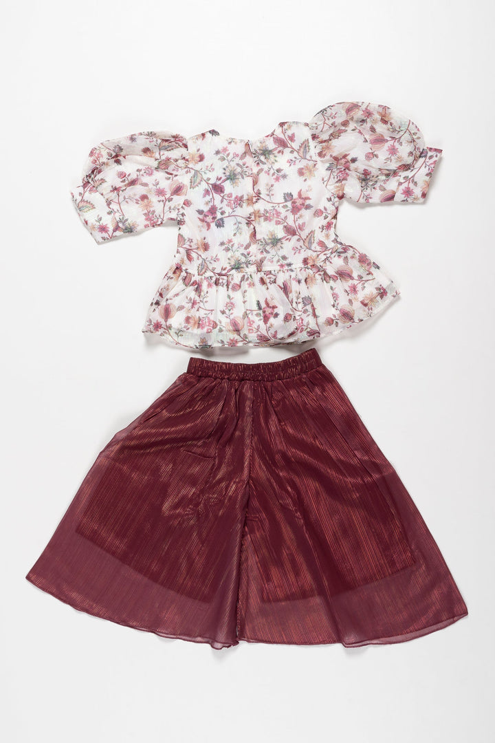 The Nesavu Girls Sharara / Plazo Set Blossom Chic: Floral Peplum Top and Textured Culotte Set for Girls Nesavu Girls' Floral Peplum Top & Maroon Culotte Set | Playful & Trendy | The Nesavu