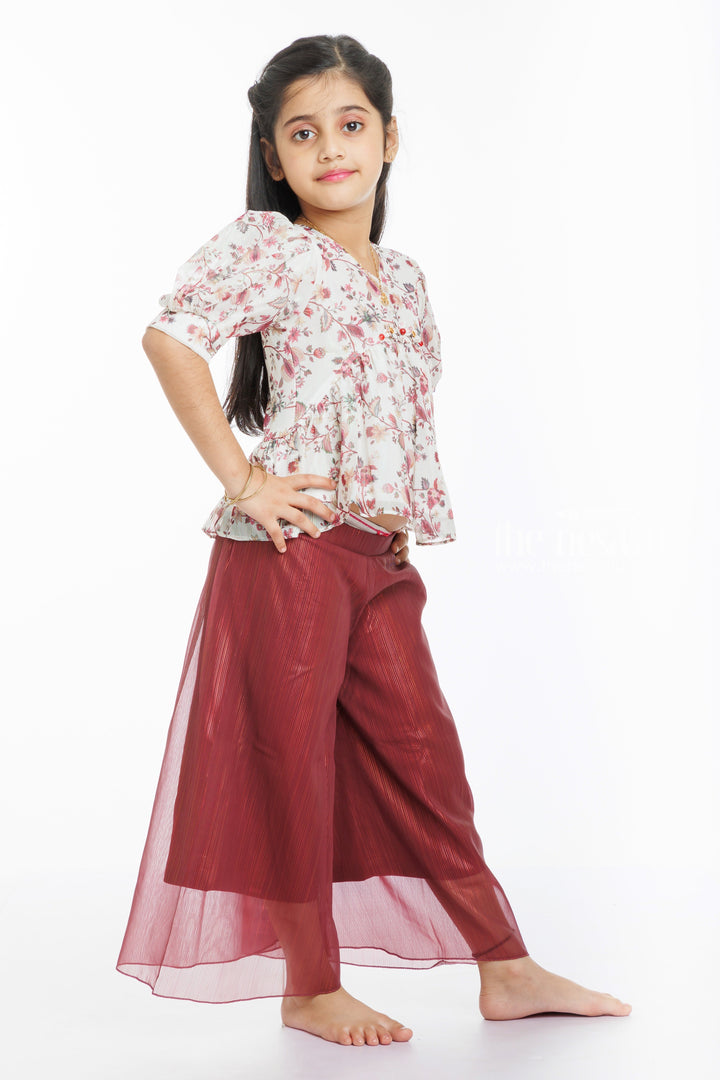 The Nesavu Girls Sharara / Plazo Set Blossom Chic: Floral Peplum Top and Textured Culotte Set for Girls Nesavu Girls' Floral Peplum Top & Maroon Culotte Set | Playful & Trendy | The Nesavu