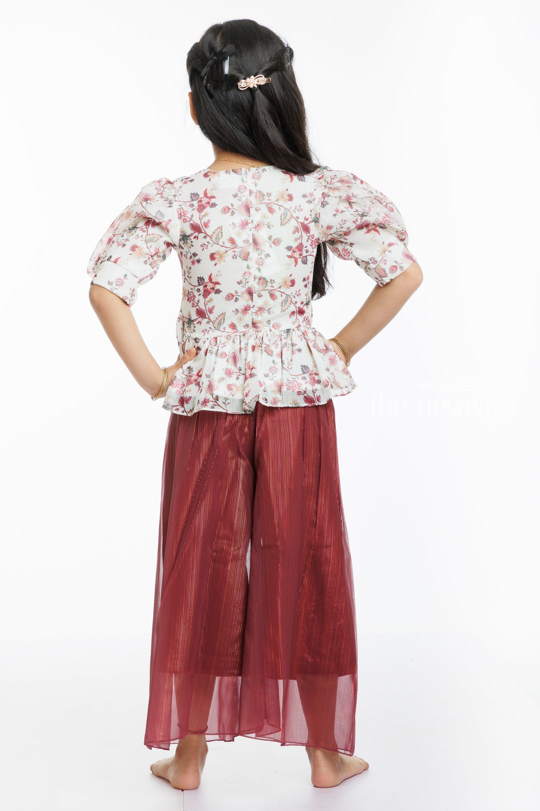 The Nesavu Girls Sharara / Plazo Set Blossom Chic: Floral Peplum Top and Textured Culotte Set for Girls Nesavu Girls' Floral Peplum Top & Maroon Culotte Set | Playful & Trendy | The Nesavu