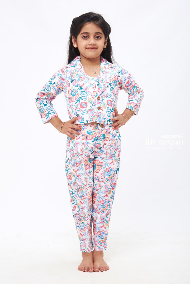 The Nesavu Girls Sharara / Plazo Set Blossom Parade: Girls Floral Crop Top Overcoat & Pant Set Nesavu 16 (1Y) / White / Chinnon GPS236A-16 Elegant Floral-Designed Kids Top & Overcoat with Stylish Bottoms | The Nesavu