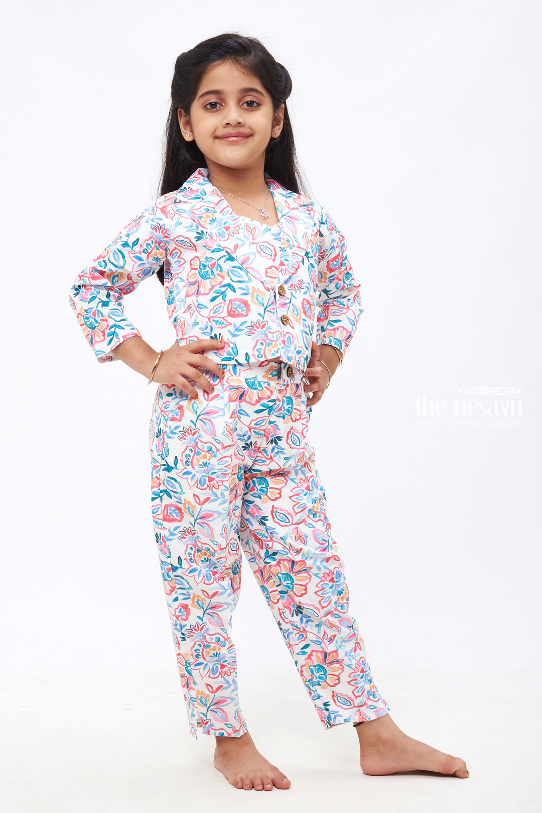 The Nesavu Girls Sharara / Plazo Set Blossom Parade: Girls Floral Crop Top Overcoat & Pant Set Nesavu Elegant Floral-Designed Kids Top & Overcoat with Stylish Bottoms | The Nesavu