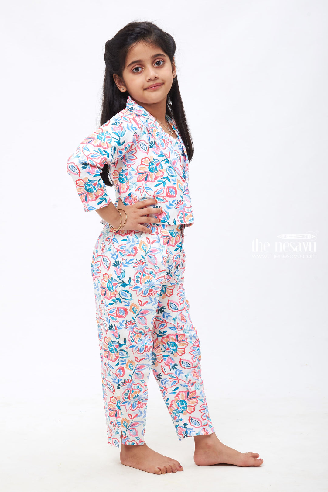 The Nesavu Girls Sharara / Plazo Set Blossom Parade: Girls Floral Crop Top Overcoat & Pant Set Nesavu Elegant Floral-Designed Kids Top & Overcoat with Stylish Bottoms | The Nesavu