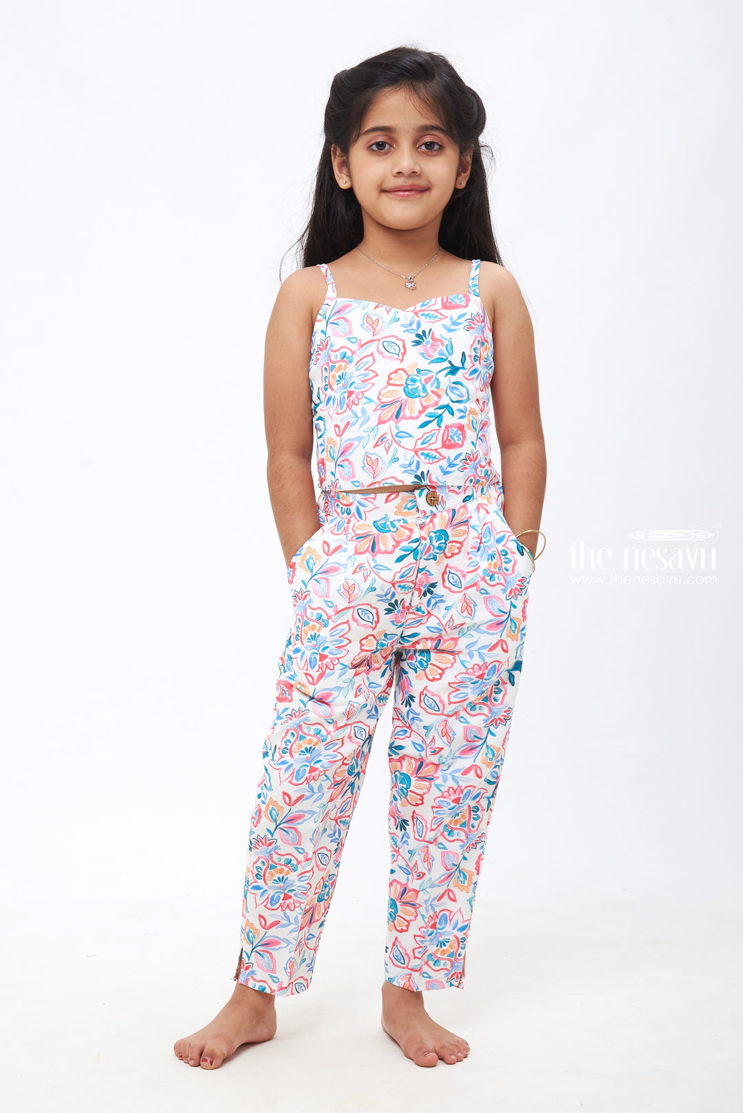 The Nesavu Girls Sharara / Plazo Set Blossom Parade: Girls Floral Crop Top Overcoat & Pant Set Nesavu Elegant Floral-Designed Kids Top & Overcoat with Stylish Bottoms | The Nesavu