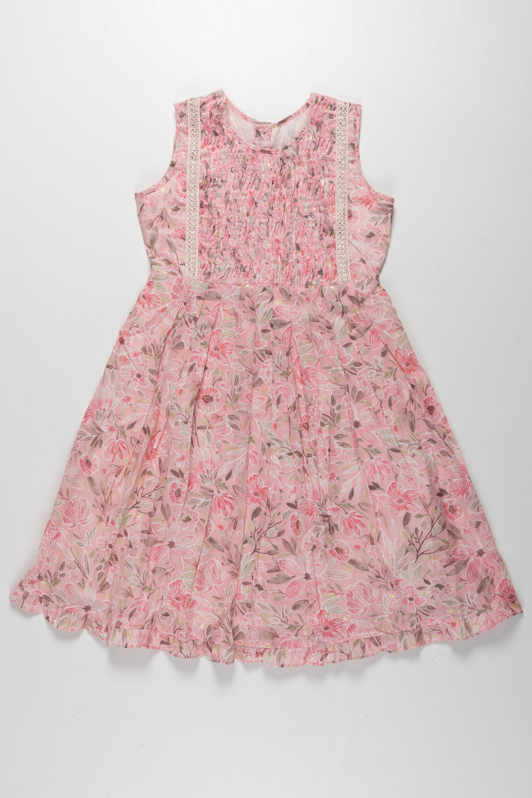 The Nesavu Girls Cotton Frock Blossom Pink Floral Frock with Lace Detailing for Girls Nesavu 16 (1Y) / Pink / Chanderi GFC1228B-16 Girls Pink LaceTrim Floral Frock | Charming Springtime Dress | The Nesavu