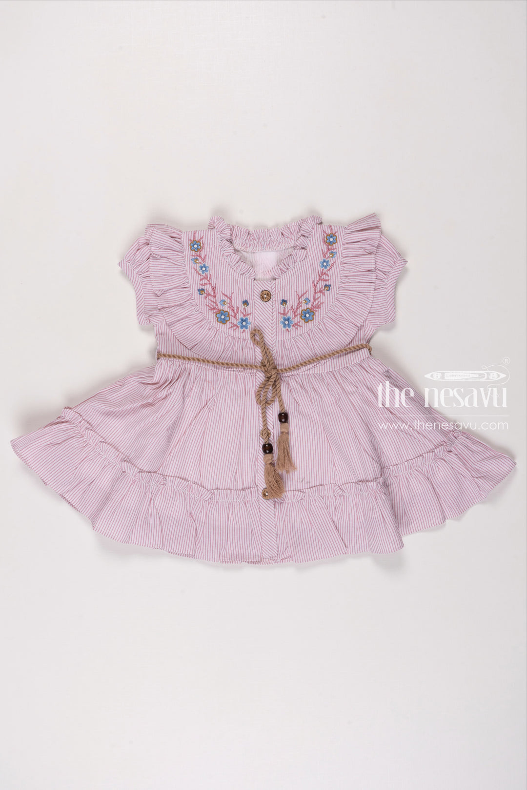 The Nesavu Girls Cotton Frock Blossom Pink Striped Cotton Frock for Girls  Delicate Floral Embroidery & Charming Tassel Detail Nesavu 14 (6M) / Pink / Cotton GFC1224D-14 Girls Pink Striped Cotton Dress | Floral Embroidered Daily Wear Frock | The Nesavu