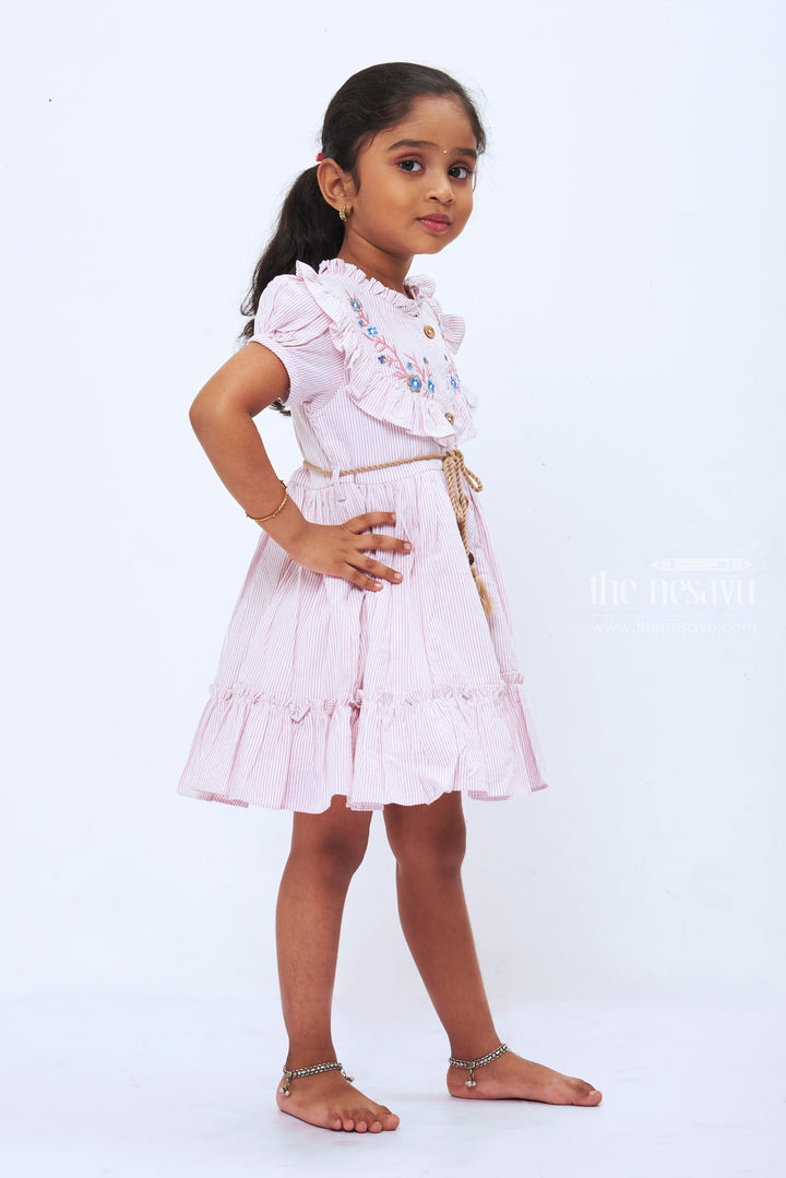 The Nesavu Girls Cotton Frock Blossom Pink Striped Cotton Frock for Girls  Delicate Floral Embroidery & Charming Tassel Detail Nesavu Girls Pink Striped Cotton Dress | Floral Embroidered Daily Wear Frock | The Nesavu