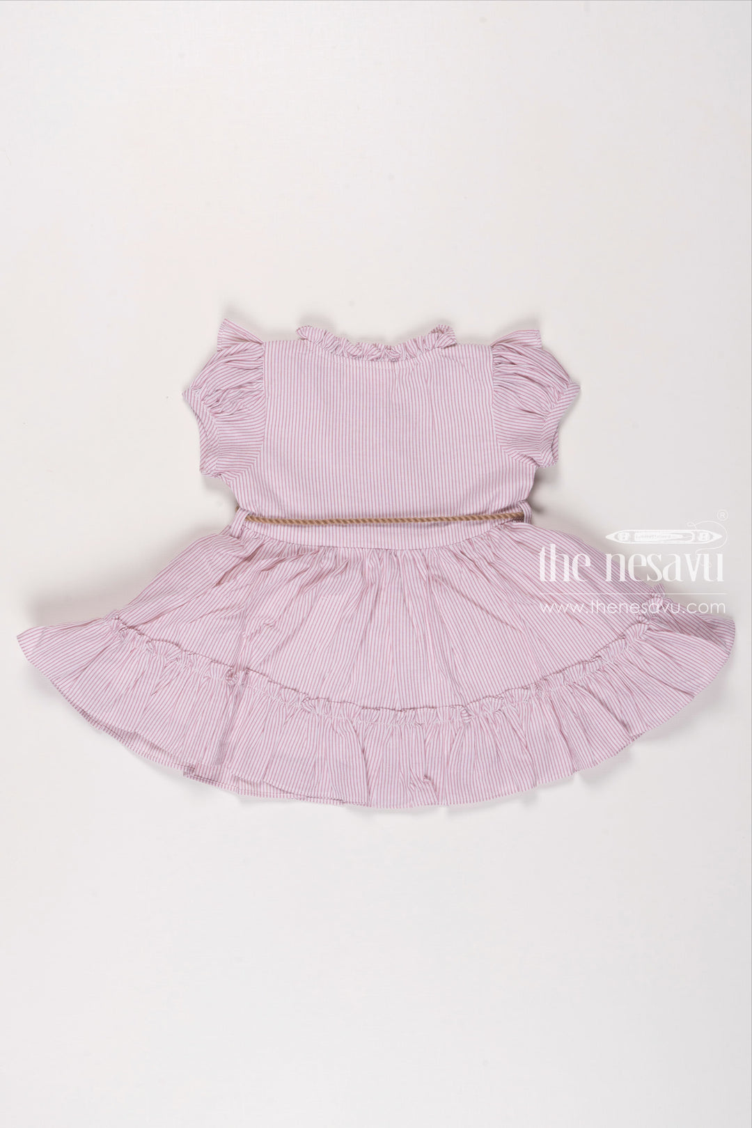 The Nesavu Girls Cotton Frock Blossom Pink Striped Cotton Frock for Girls  Delicate Floral Embroidery & Charming Tassel Detail Nesavu Girls Pink Striped Cotton Dress | Floral Embroidered Daily Wear Frock | The Nesavu