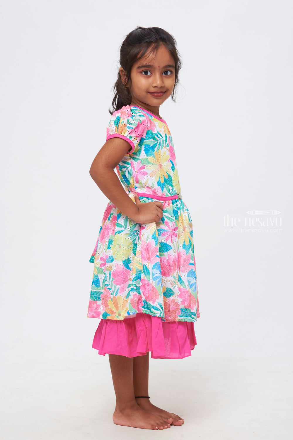 The Nesavu Girls Cotton Frock Blossom Radiance Dress - Floral Vibrancy with Magenta Accents Nesavu Cotton Comfort, Playful Patterns | Perfect Frocks for Girls | The Nesavu