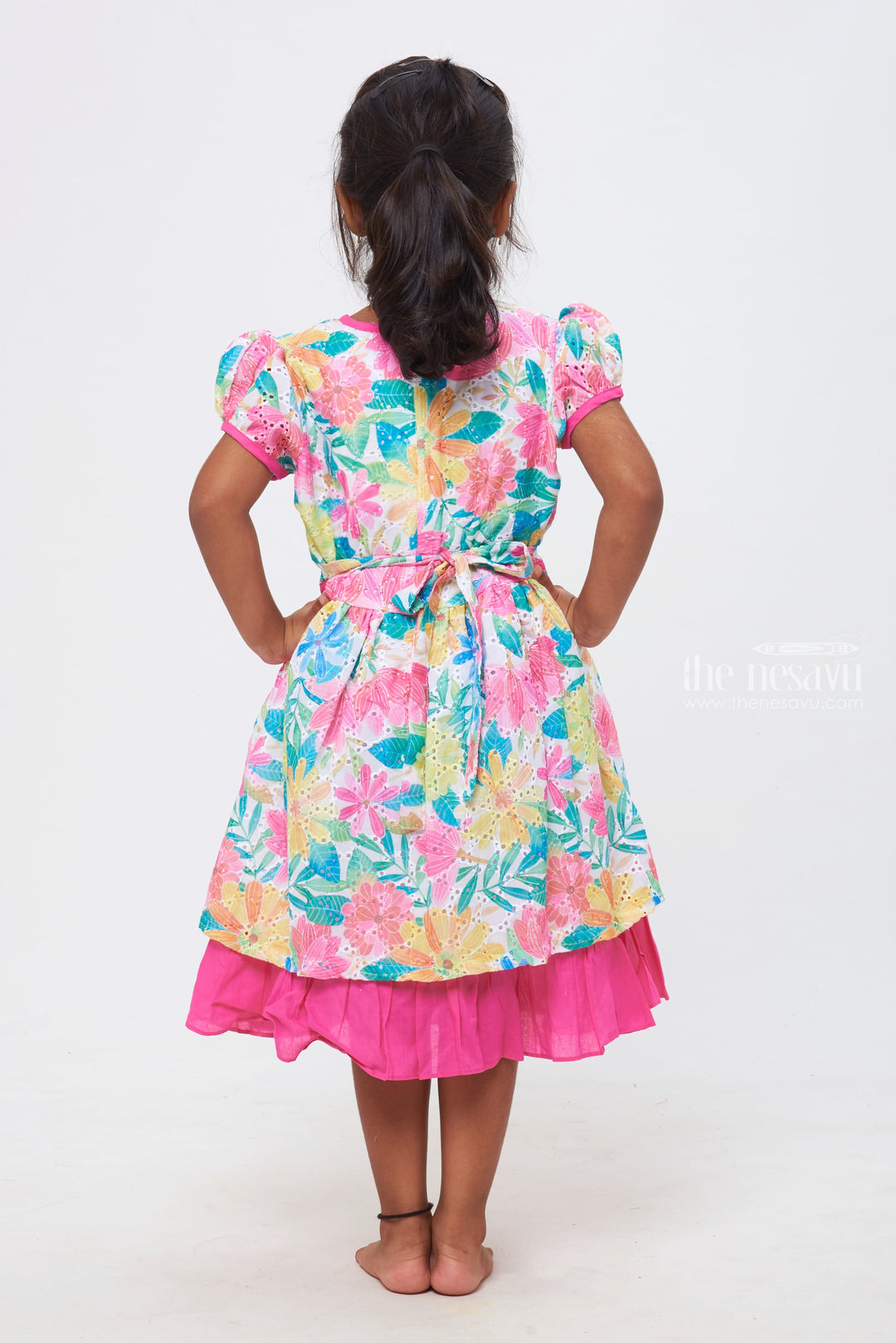 The Nesavu Girls Cotton Frock Blossom Radiance Dress - Floral Vibrancy with Magenta Accents Nesavu Cotton Comfort, Playful Patterns | Perfect Frocks for Girls | The Nesavu