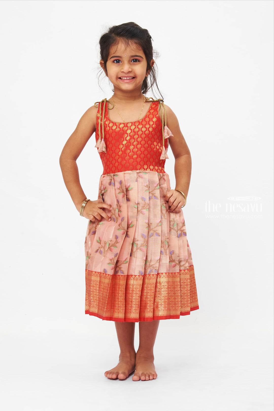 The Nesavu Tie Up Frock Blossoming Blush Silk Frock with Tie-Up Accents for Girls Nesavu 16 (1Y) / Pink / Silk T265E-16 Traditional Blush & Red Silk Frock for Girls | Floral Embroidery Dress | The Nesavu