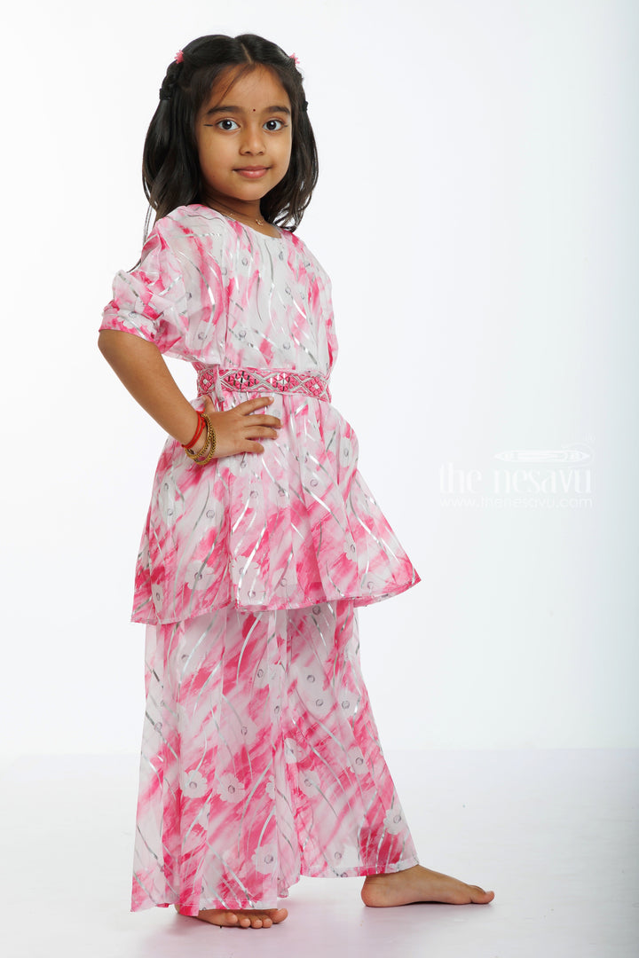 The Nesavu Girls Sharara / Plazo Set Blossoming Chic: Girls Pink Organza Peplum Top with Palazzo Ensemble Nesavu Latest Girls Pink Organza Peplum and Palazzo Pants Set | Spring Fashion Fiesta | The Nesavu