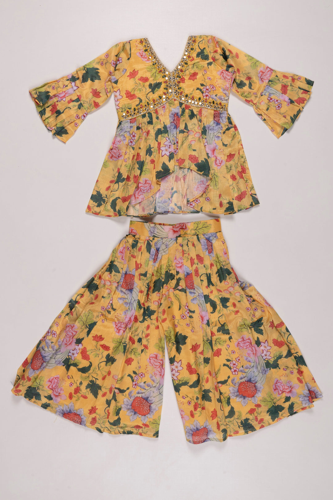 The Nesavu Girls Sharara / Plazo Set Blossoming Elegance: Girls Floral Aliacut Kurti with Palazzo Set Nesavu 16 (1Y) / Yellow GPS268A-16 Girls Floral Print Kurti Palazzo Set | Colorful Festive Wear for Kids | The Nesavu