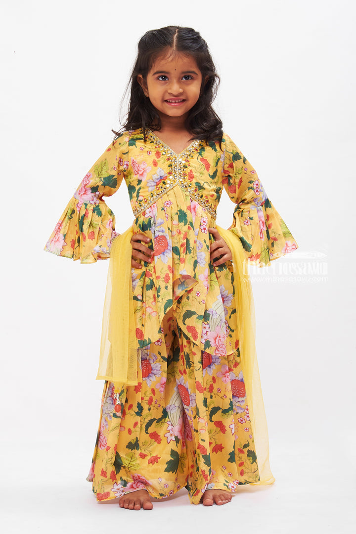 The Nesavu Girls Sharara / Plazo Set Blossoming Elegance: Girls Floral Aliacut Kurti with Palazzo Set Nesavu 16 (1Y) / Yellow GPS268A-16 Girls Floral Print Kurti Palazzo Set | Colorful Festive Wear for Kids | The Nesavu