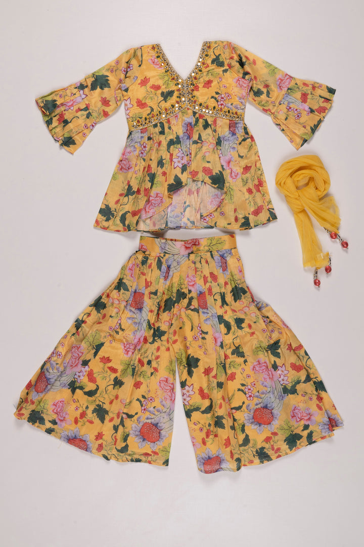 The Nesavu Girls Sharara / Plazo Set Blossoming Elegance: Girls Floral Aliacut Kurti with Palazzo Set Nesavu Girls Floral Print Kurti Palazzo Set | Colorful Festive Wear for Kids | The Nesavu