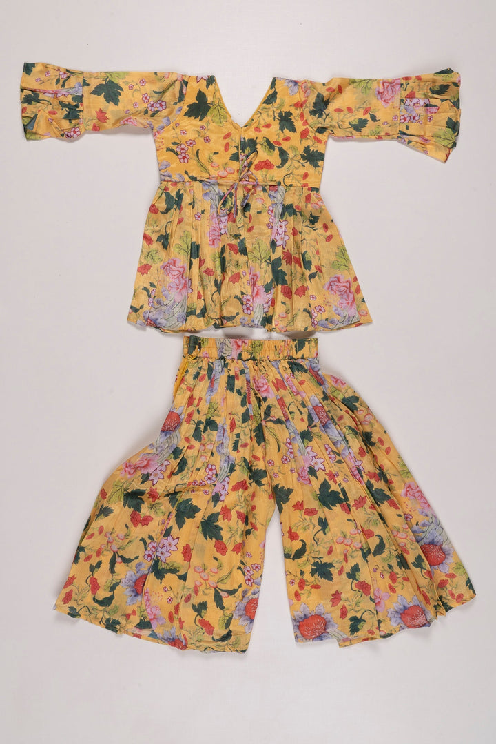 The Nesavu Girls Sharara / Plazo Set Blossoming Elegance: Girls Floral Aliacut Kurti with Palazzo Set Nesavu Girls Floral Print Kurti Palazzo Set | Colorful Festive Wear for Kids | The Nesavu