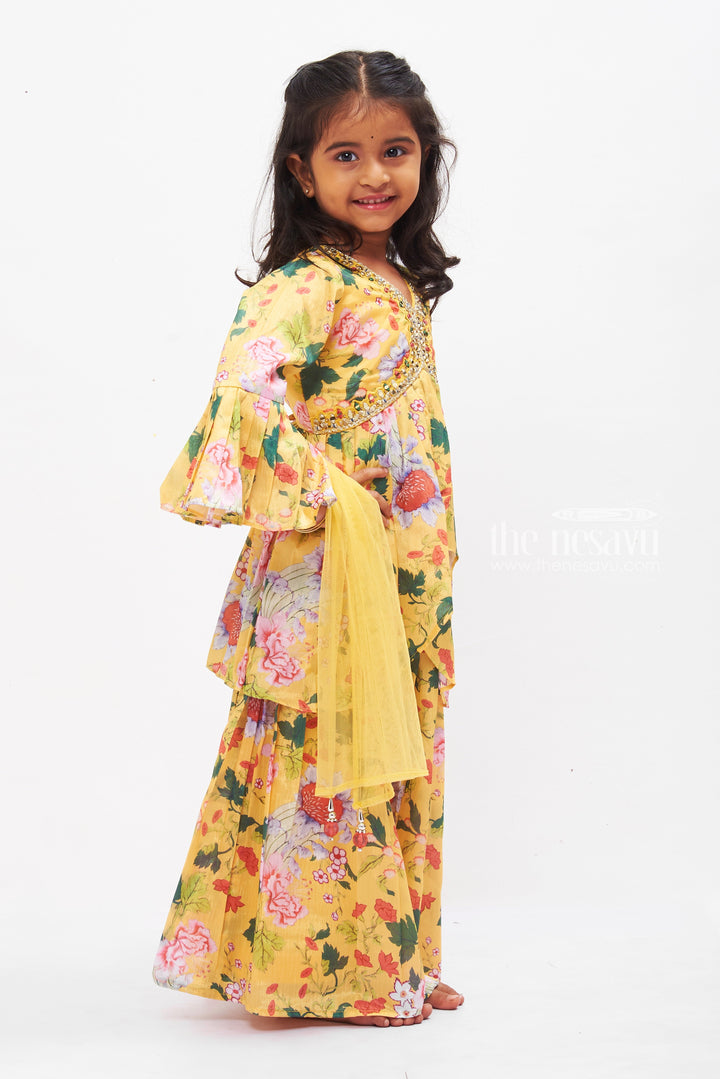 The Nesavu Girls Sharara / Plazo Set Blossoming Elegance: Girls Floral Aliacut Kurti with Palazzo Set Nesavu Girls Floral Print Kurti Palazzo Set | Colorful Festive Wear for Kids | The Nesavu