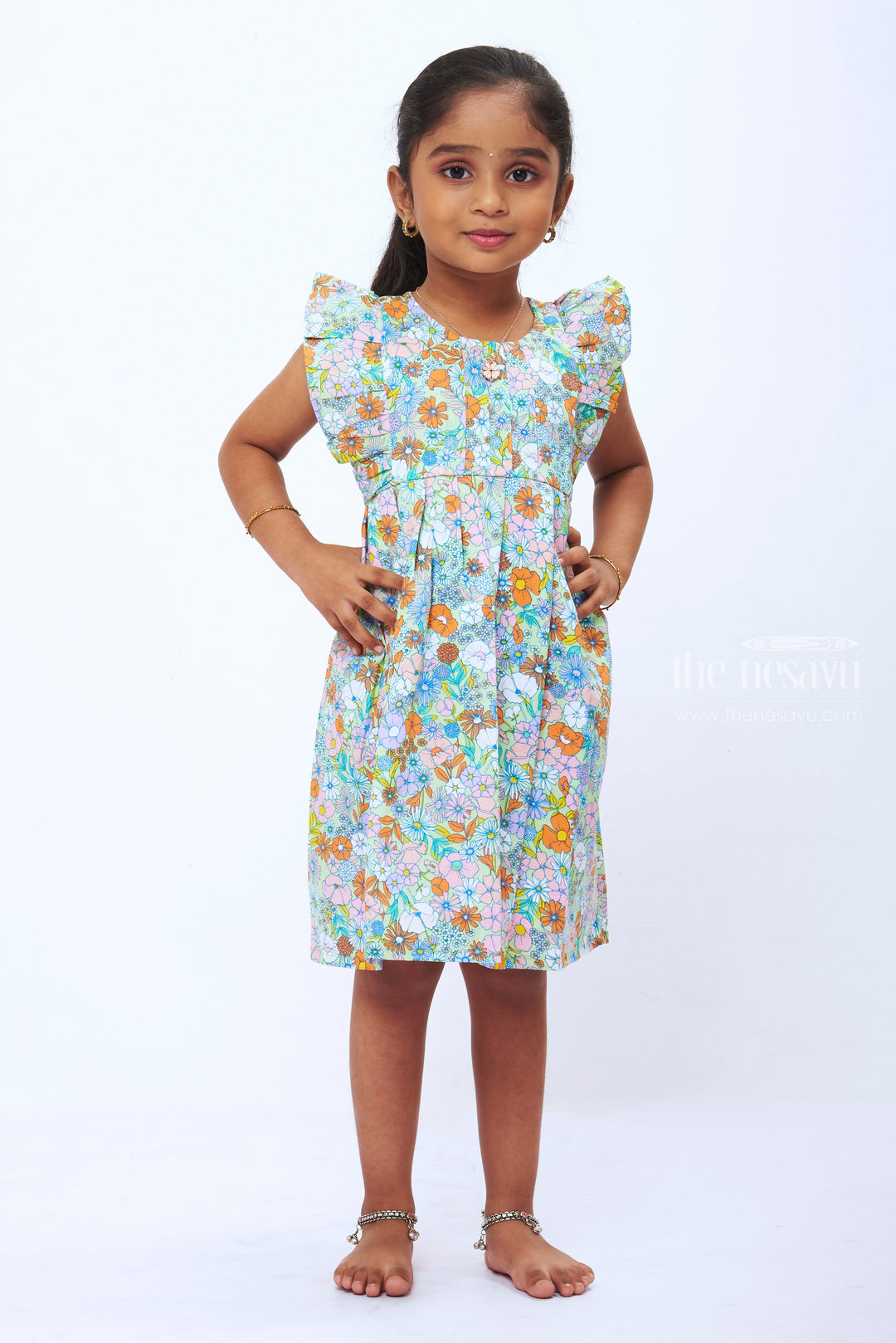 The Nesavu Girls Cotton Frock Blossoming Meadow Cotton Frock Frill Accent & Pleated Detail for Girls Nesavu 14 (6M) / Green / Cotton GFC1223C-14 Girls Floral Pleated Dress | Summer Blossom Cotton Frock with Frills | The Nesavu