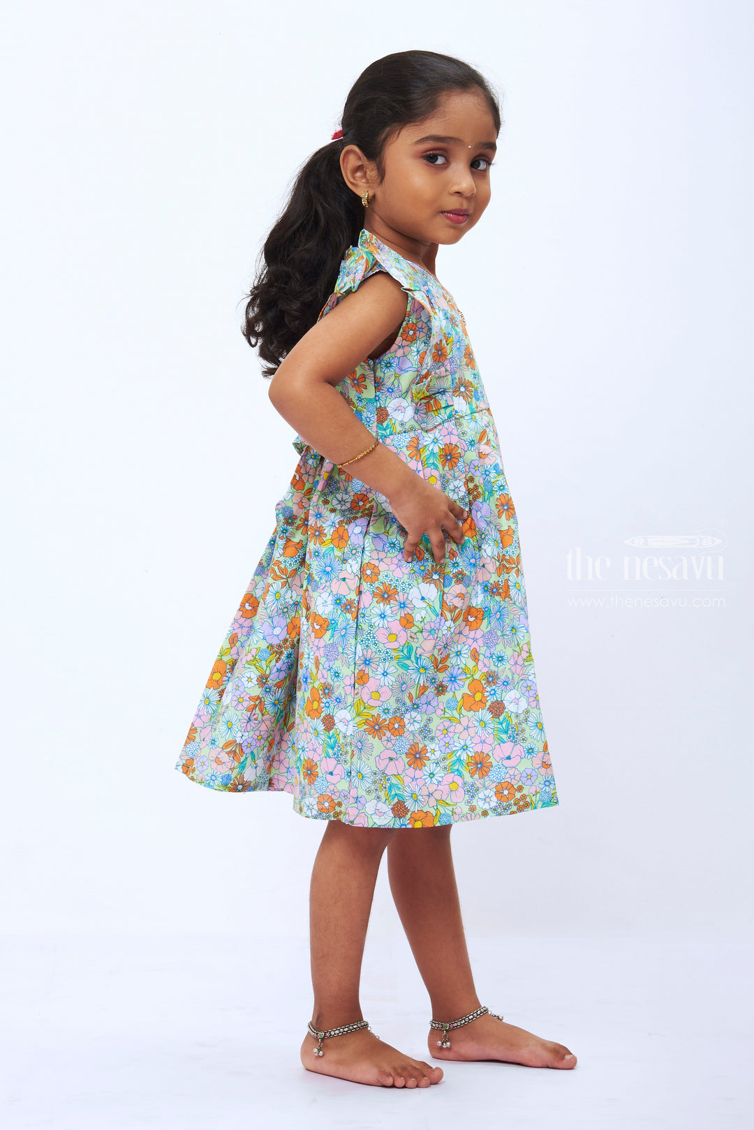The Nesavu Girls Cotton Frock Blossoming Meadow Cotton Frock Frill Accent & Pleated Detail for Girls Nesavu Girls Floral Pleated Dress | Summer Blossom Cotton Frock with Frills | The Nesavu
