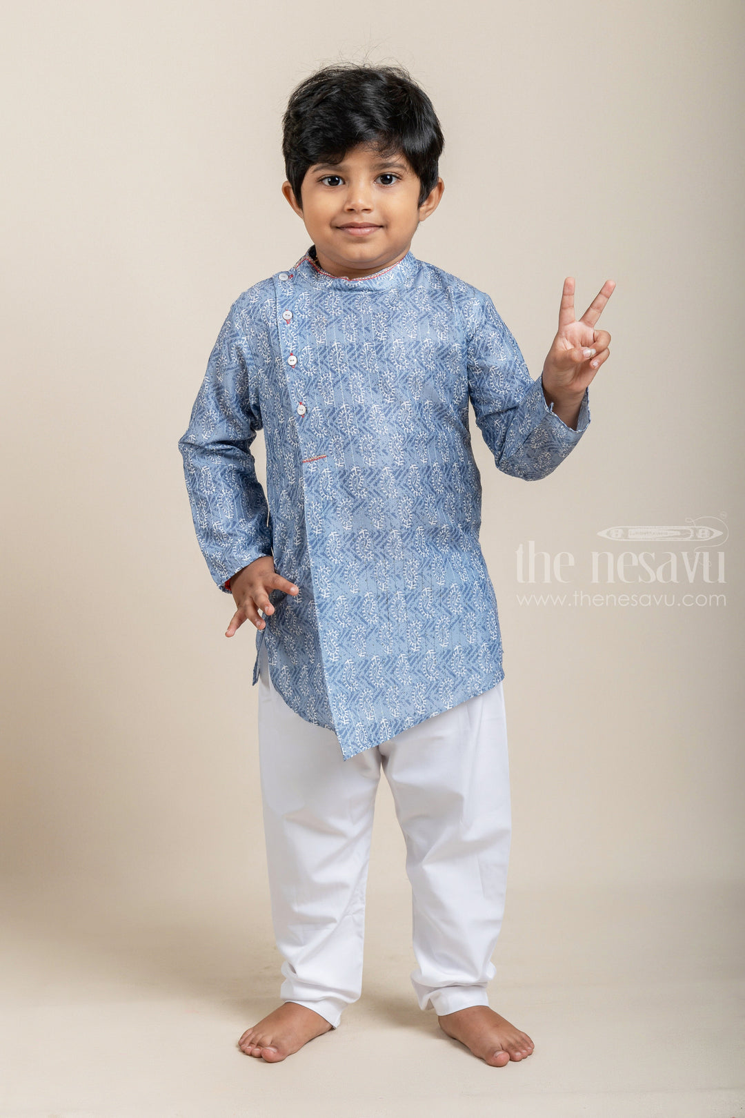 The Nesavu Boys Kurtha Set Blue All Over Paisley Printed Boys Kurta with White Pant Nesavu 12 (3M) / Blue / Cotton BES344A-12 Shop Blue All Over Paisley Printed Boys Kurta with White Pant Online | Festive and Party Wear | The Nesavu