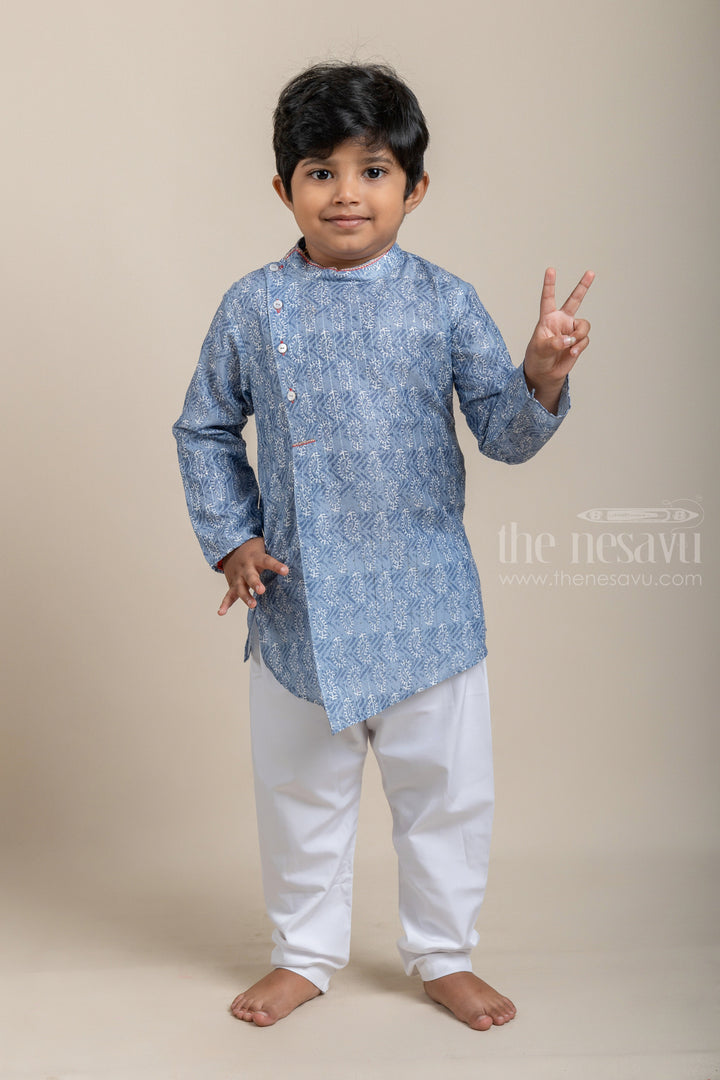 The Nesavu Boys Kurtha Set Blue All Over Paisley Printed Boys Kurta with White Pant Nesavu 12 (3M) / Blue / Cotton BES344A Shop Blue All Over Paisley Printed Boys Kurta with White Pant Online | Festive and Party Wear | The Nesavu